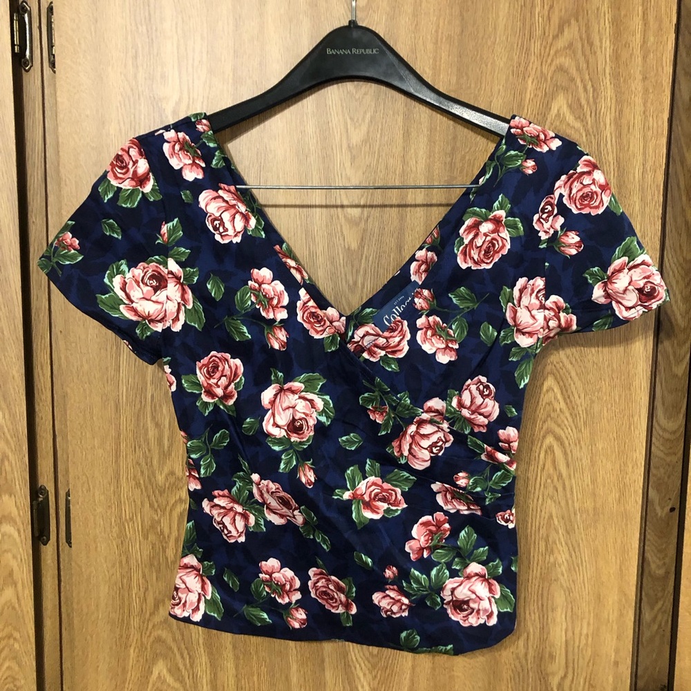 Collectif Navy Floral V-Neck Blouse with Pink Roses